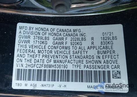 2021 Honda Civic Sport из США, поврежденный, VIN 2HGFC2F86MH536190